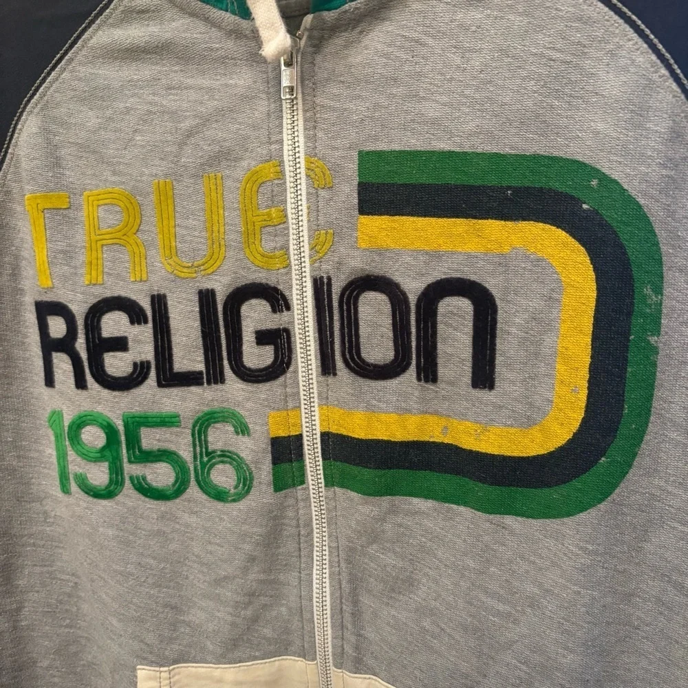 Vintage TRUE RELIGION Men Y2K Rainbow Hoodie Zipped Jacket Size XL
